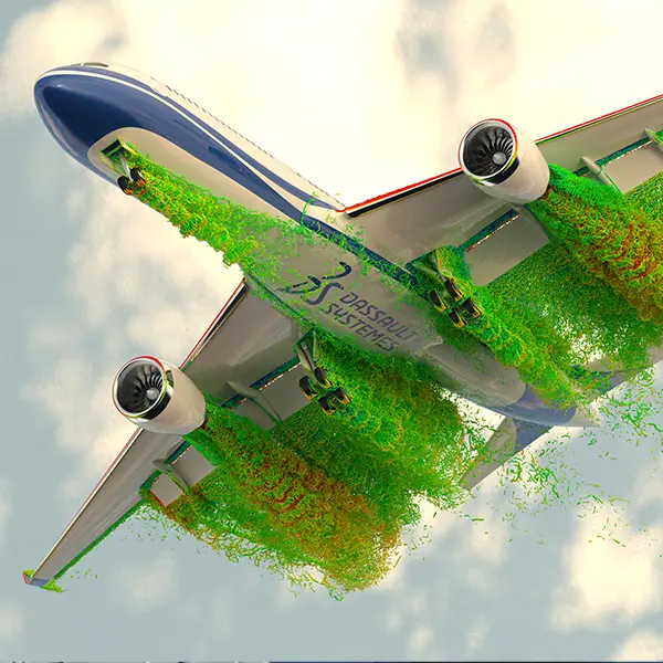 Image of SIMULIA flow simulation results composited on a flying aeroplane for aerodynamic performance evaluation through computational fluid dynamic analysis